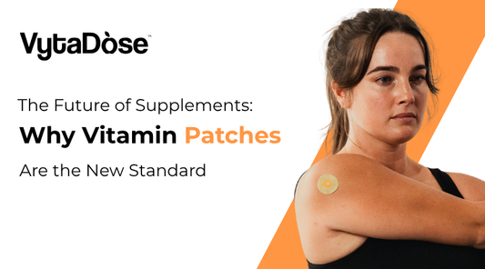 A woman with a VytaDose patch on her shoulder, next to text that reads "The Future of Supplements: Why Vitamin Patches Are the New Standard.