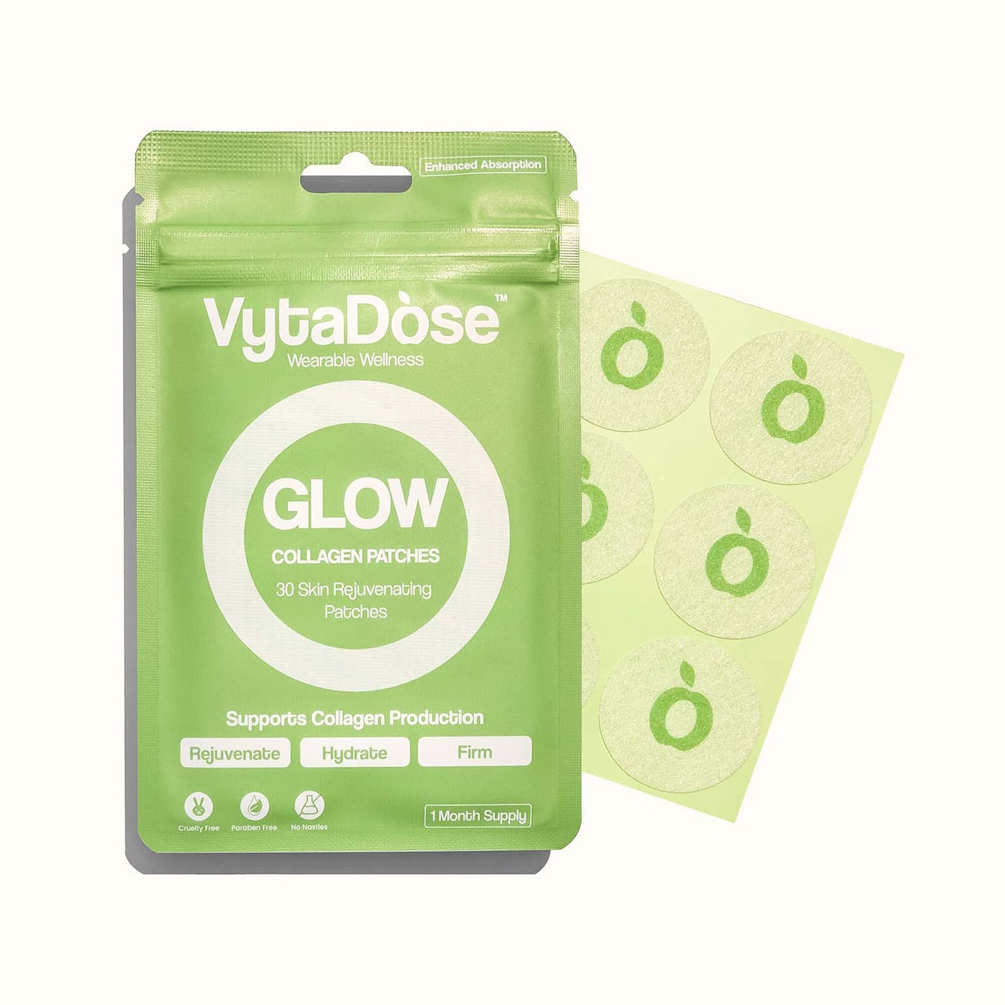 VytaDose Collagen patch highlighting benefits for skin elasticity, glow, and healthy aging support.