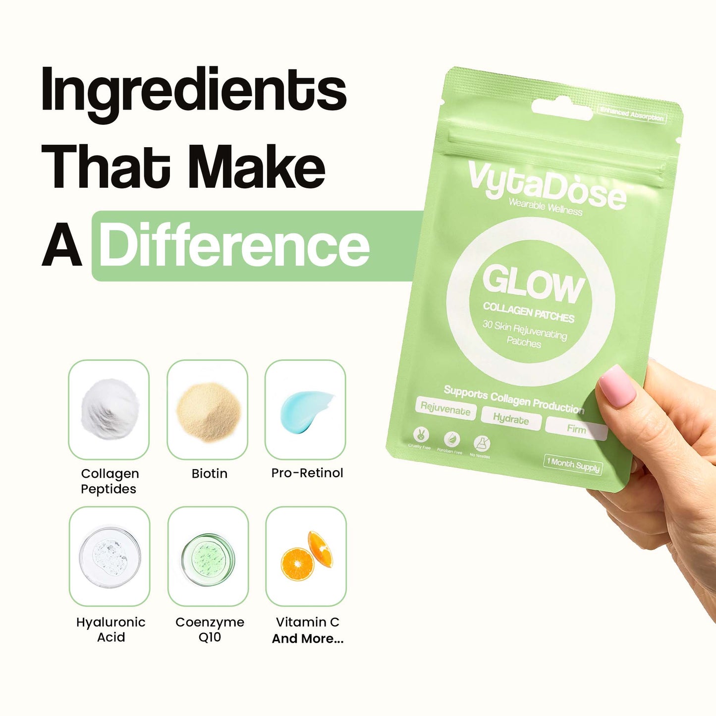 VytaDose Glow collagen patches packaging with key ingredients