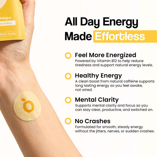 VytaDose B12+ energy patch on arm with benefits for energy, focus, clarity and no crashes