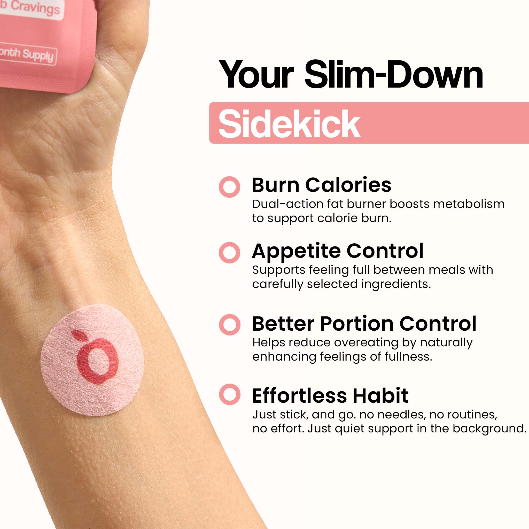 A person's arm with a VytaDose patch on the wrist, next to a list of weight management benefits like "Appetite Control" and "Burn Calories.