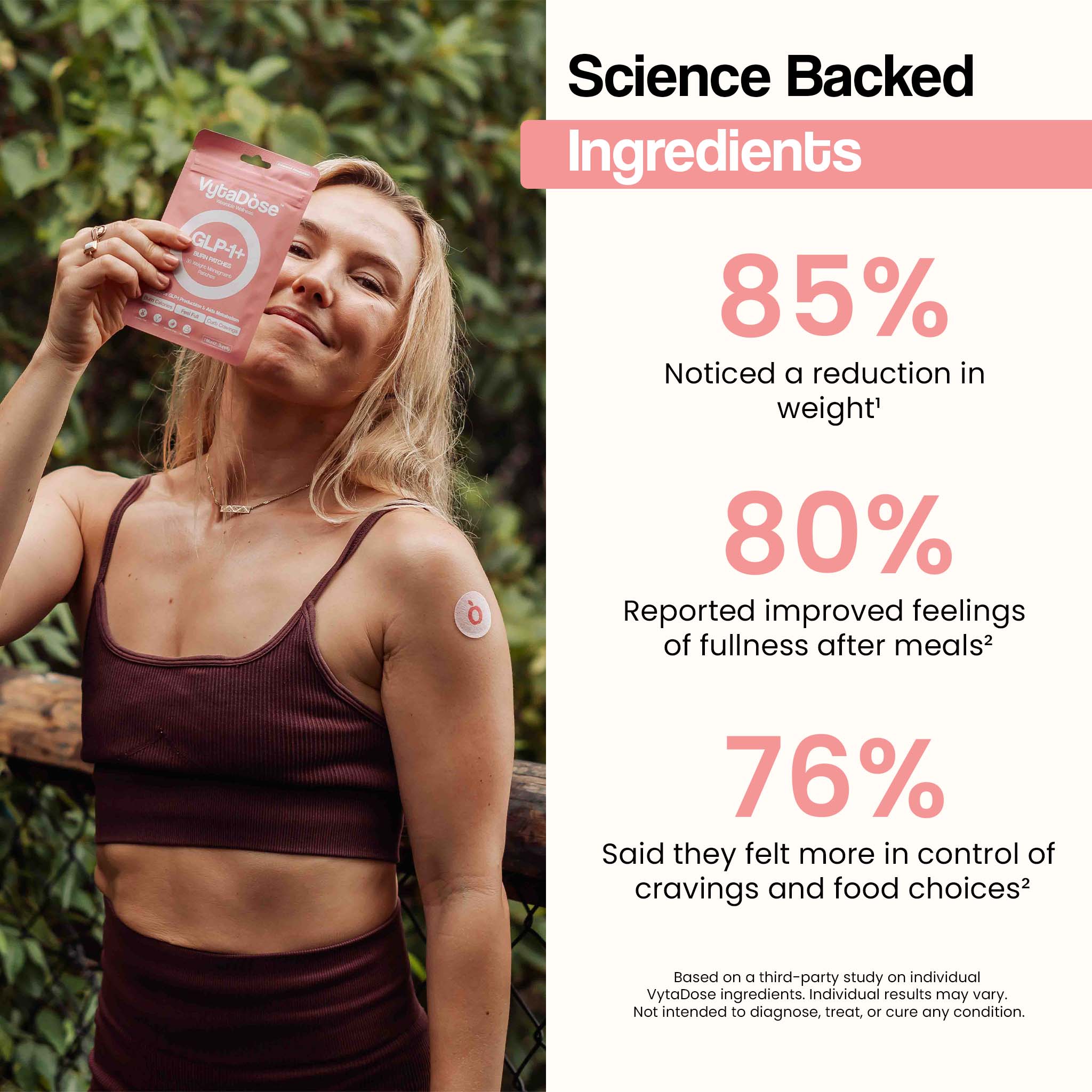 A smiling woman with a VytaDose patch on her arm, holding the pink GLP-1+ patch package.