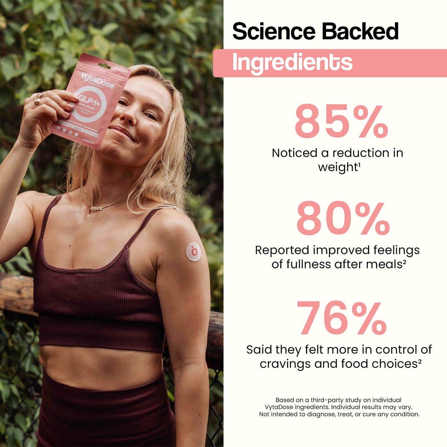 A smiling woman with a VytaDose patch on her arm, holding the pink GLP-1+ patch package.