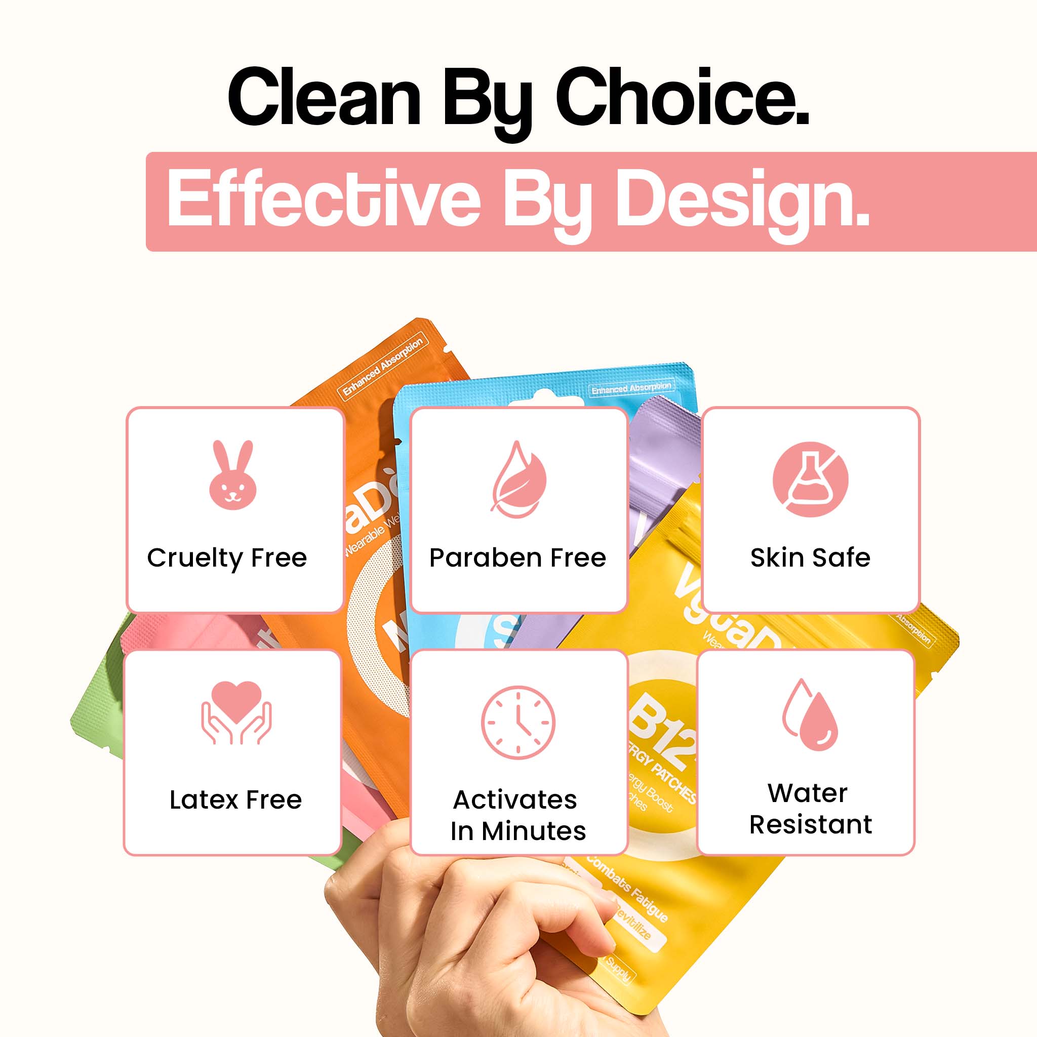 A hand holding various Vytadose patch packages with icons highlighting product features, including cruelty-free, paraben-free, and skin-safe.