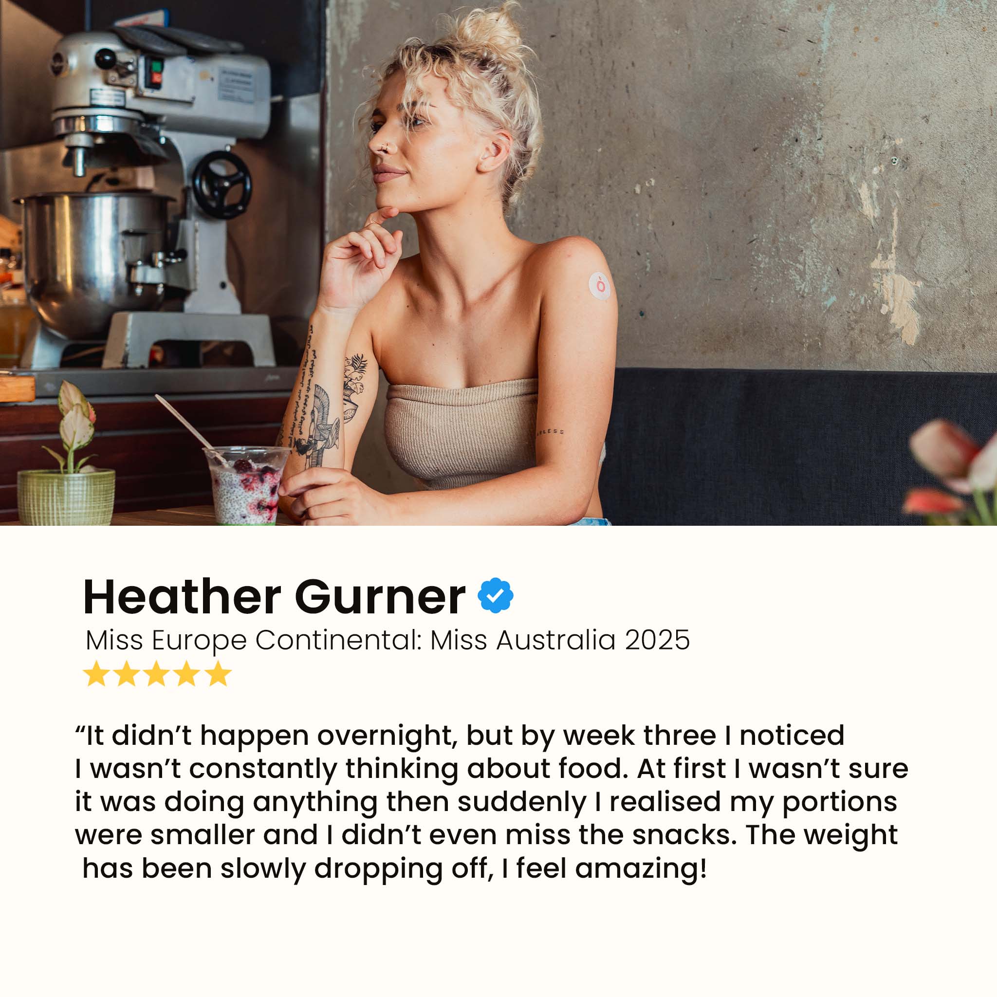 A woman with a patch on her arm sitting in a cafe, with a testimonial from "Heather Gurner" about weight loss and reduced cravings.