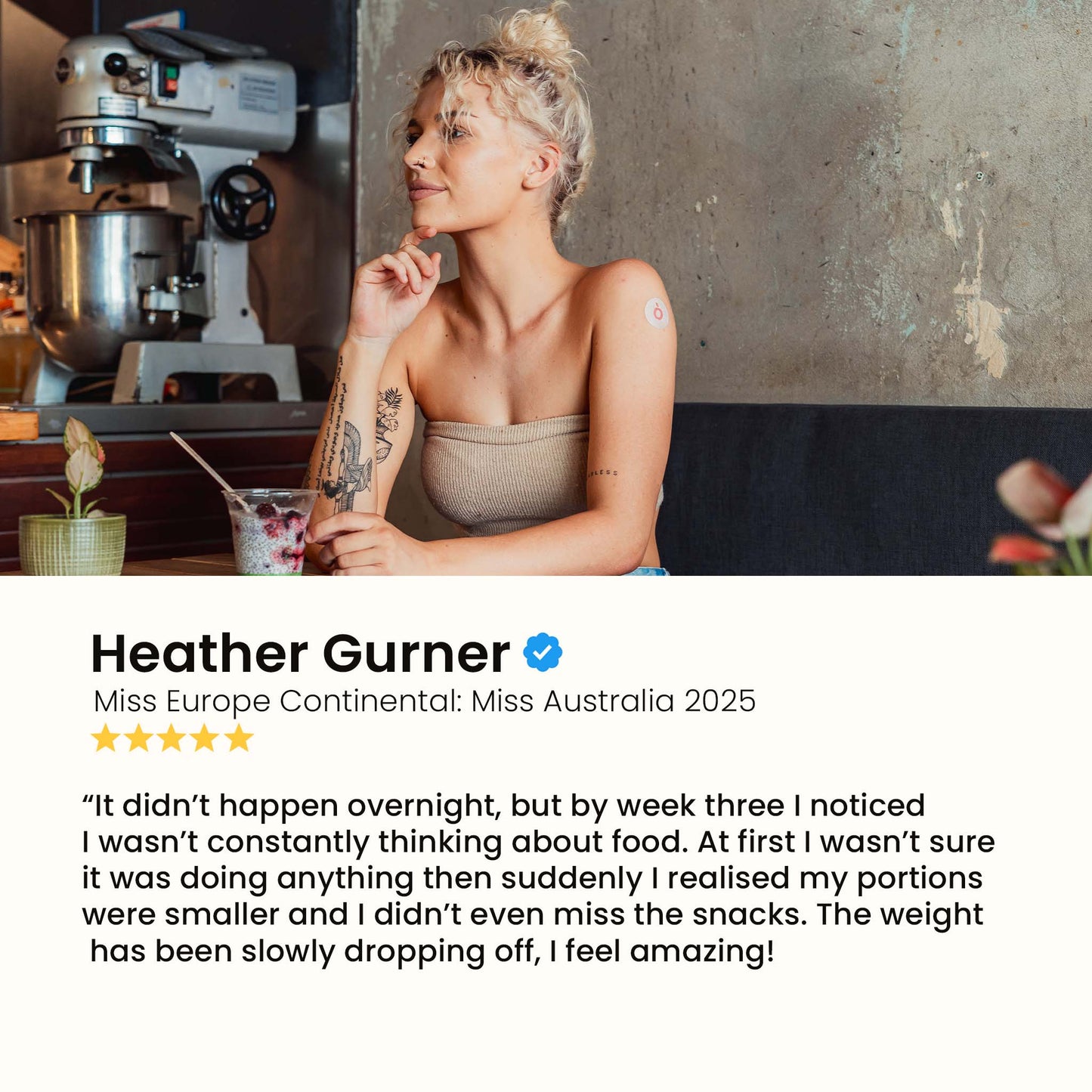 A woman with a patch on her arm sitting in a cafe, with a testimonial from "Heather Gurner" about weight loss and reduced cravings.