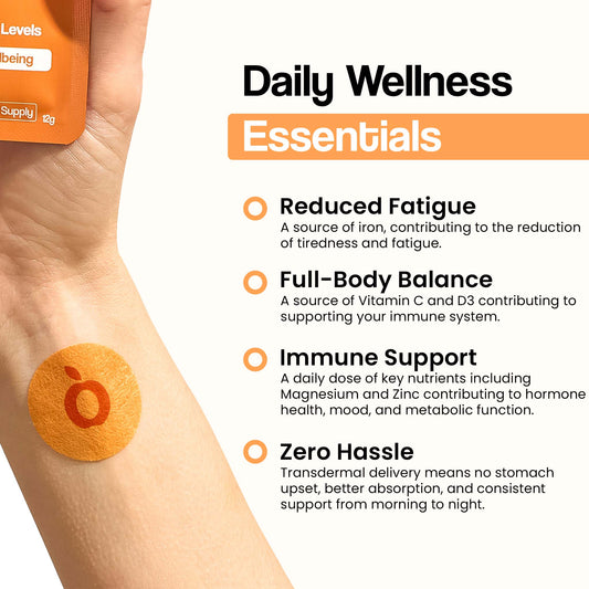 A person's arm with a patch, next to a list of the patch's benefits.