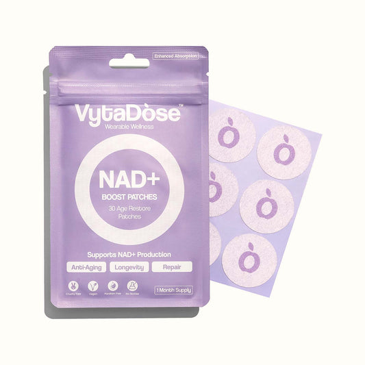 VytaDose NAD+ Boost Patches packaging with patch sheet for anti-aging and longevity support