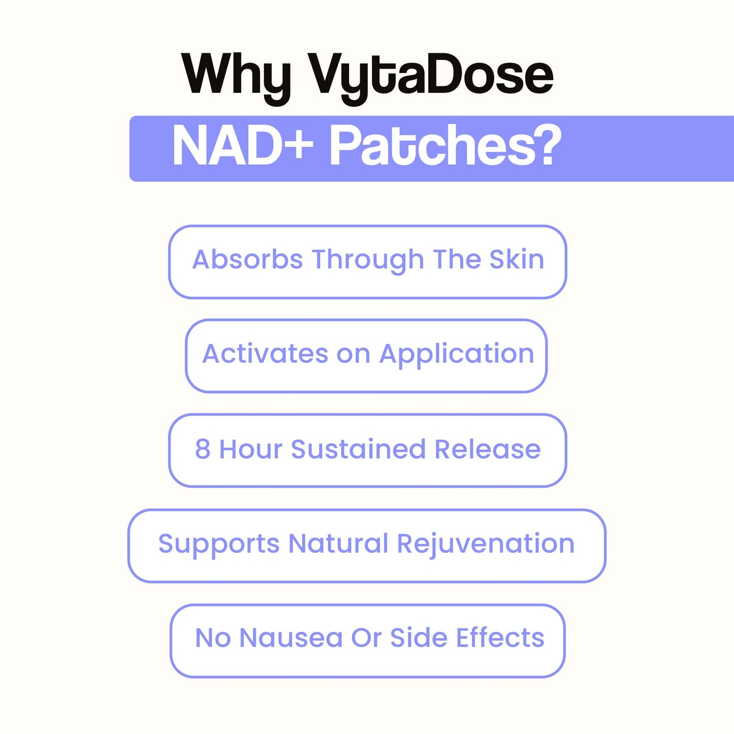 VytaDose NAD+ patches benefits: skin absorption, 8-hour release, no nausea, natural support.