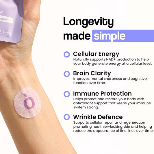 VytaDose NAD+ patch on arm showing benefits for energy, brain clarity, and skin support