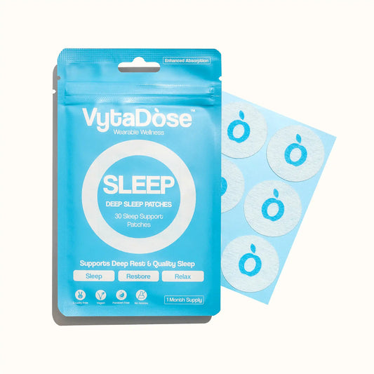Vytadose Sleep Patch packaging with a sheet of circular blue sleep support patches.