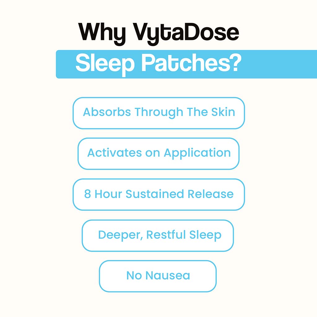 VytaDose sleep patches benefits include fast absorption, 8-hour release, restful sleep, no nausea.
