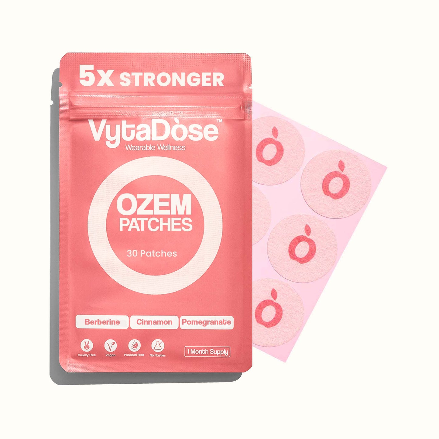 A package of pink VytaDose Ozempic Patches next to a sheet of six patches on a light pink background.