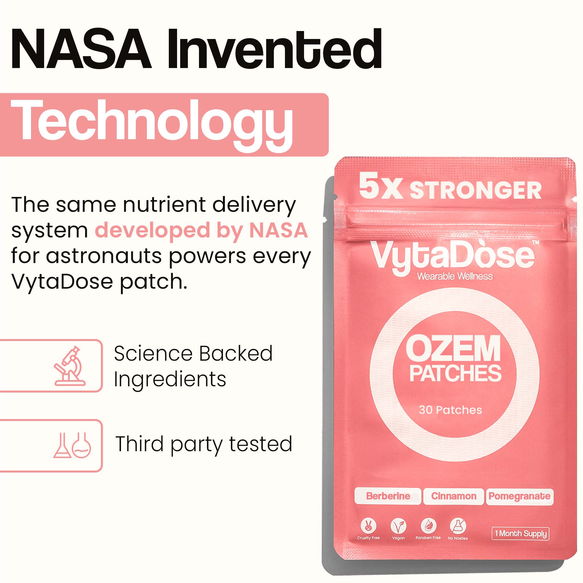 An infographic stating VytaDose uses NASA-invented technology, with the pink OZEM Patches package shown on the right.