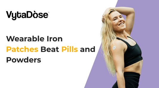 A smiling woman with a patch on her arm, next to the text, "Wearable Iron Patches Beat Pills and Powders.