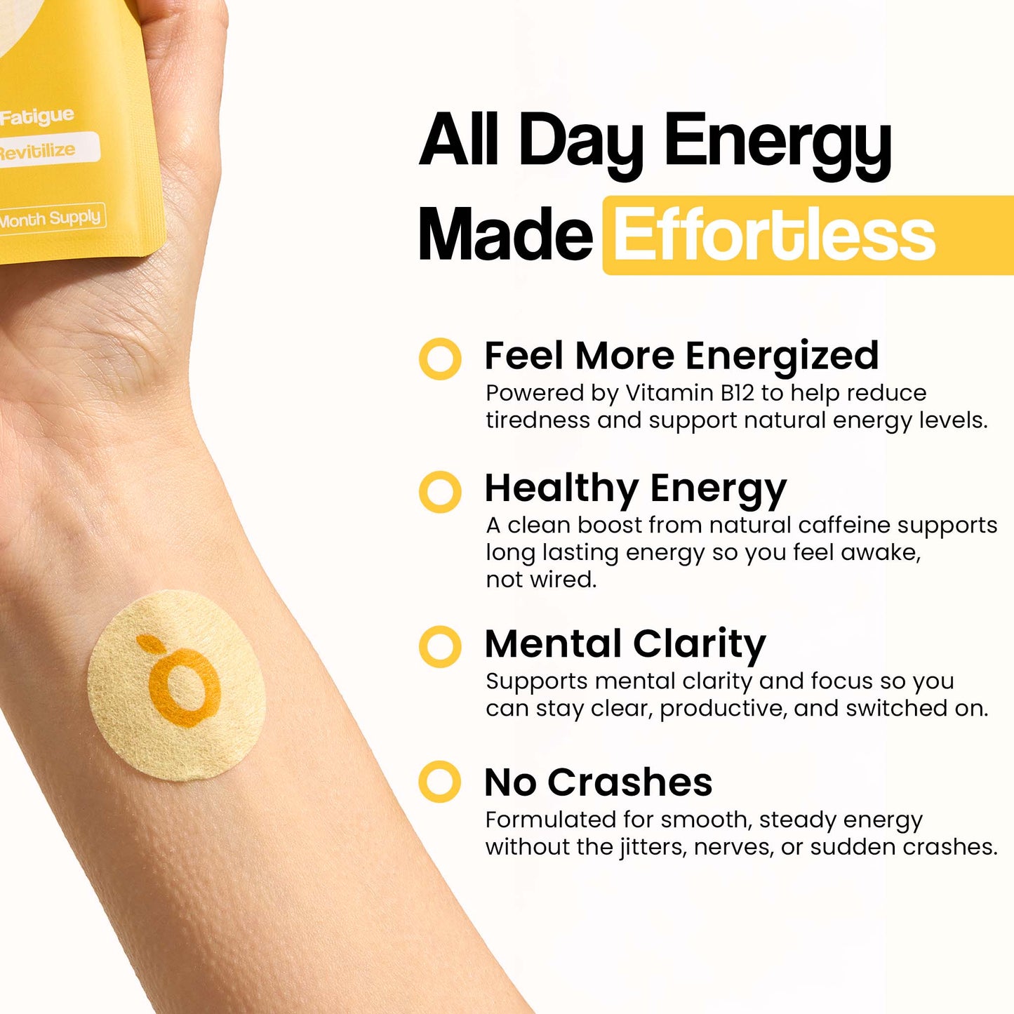 VytaDose B12+ energy patch on arm with benefits for energy, focus, clarity and no crashes