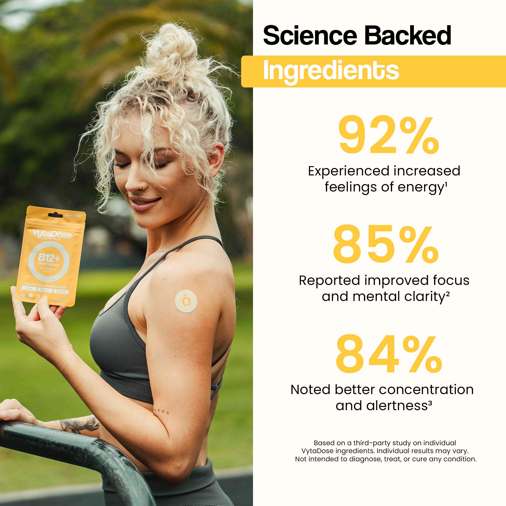 A woman holding a VytaDose package while wearing a patch, next to a list of its benefits.
