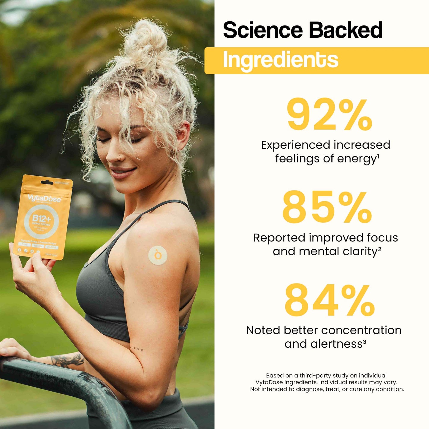 A woman holding a VytaDose package while wearing a patch, next to a list of its benefits.