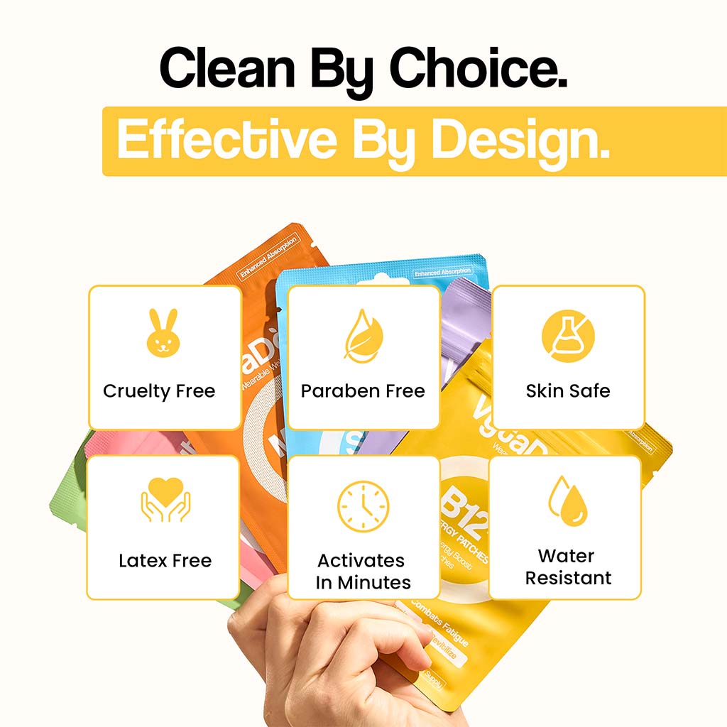 An image featuring multiple VytaDose packages with icons highlighting product features like "Cruelty Free," "Paraben Free," and "Water Resistant.