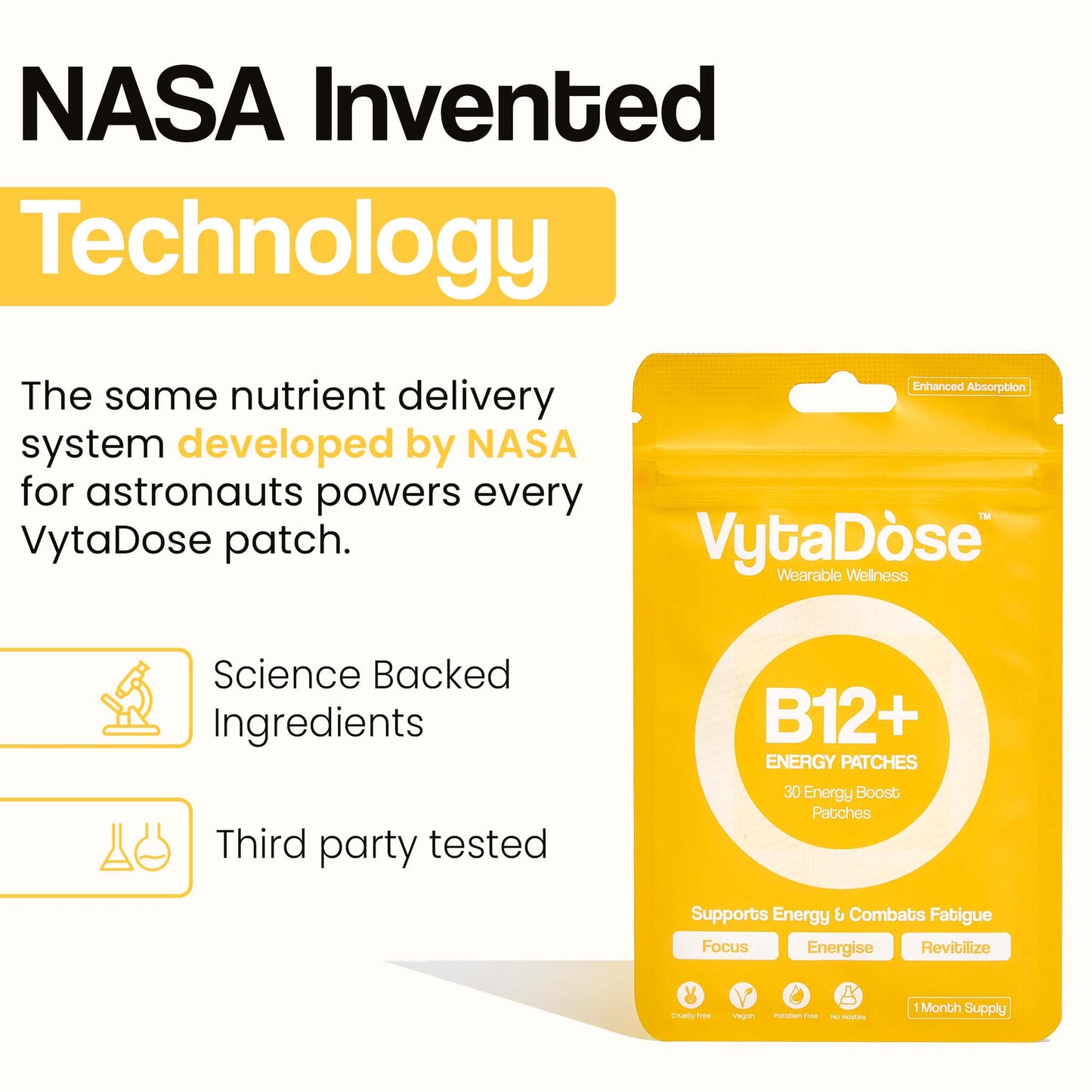 An infographic stating VytaDose patches use NASA-invented technology for nutrient delivery.