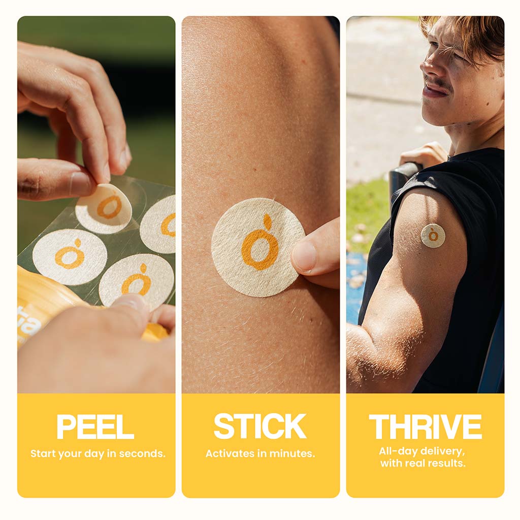 A three-panel image demonstrating how to use the VytaDose patch: Peel, Stick, and Thrive.