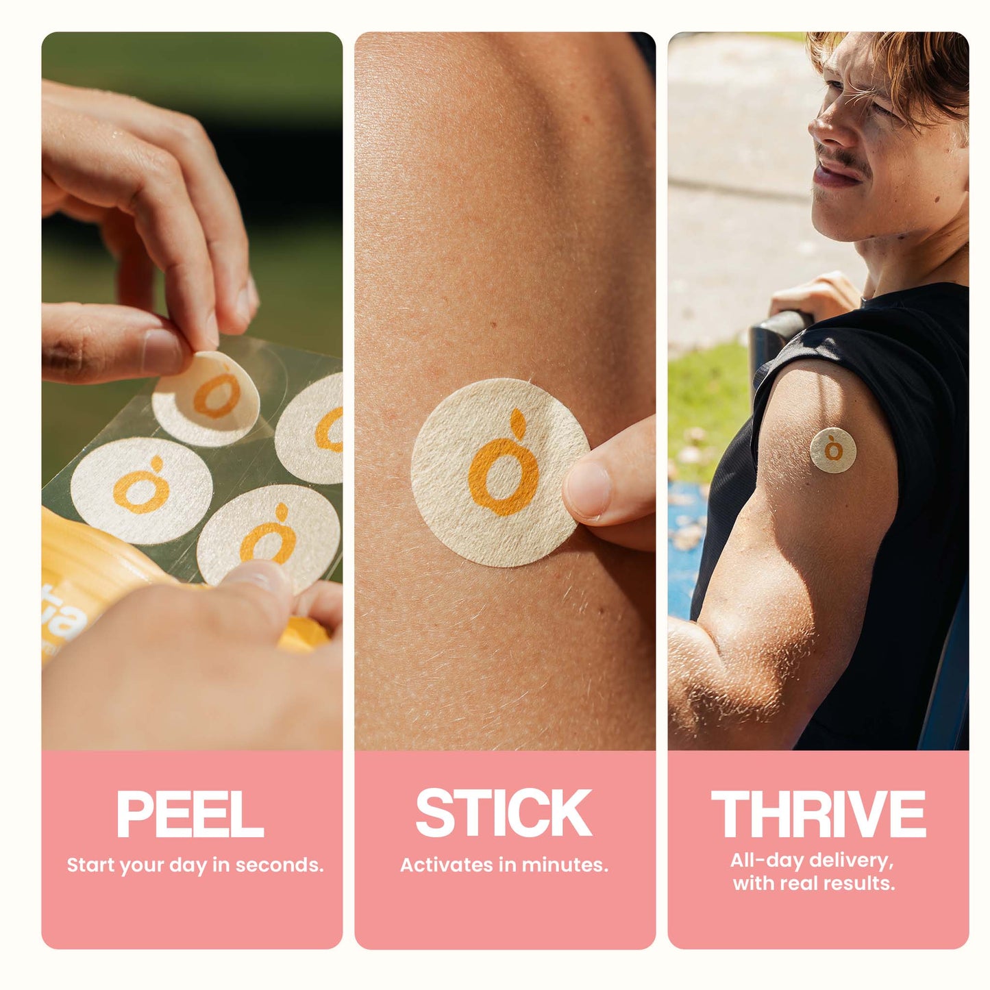 A three-panel image demonstrating how to use a Vytadose patch, showing the steps to peel it from the sheet, stick it on the skin, and wear it for all-day delivery.