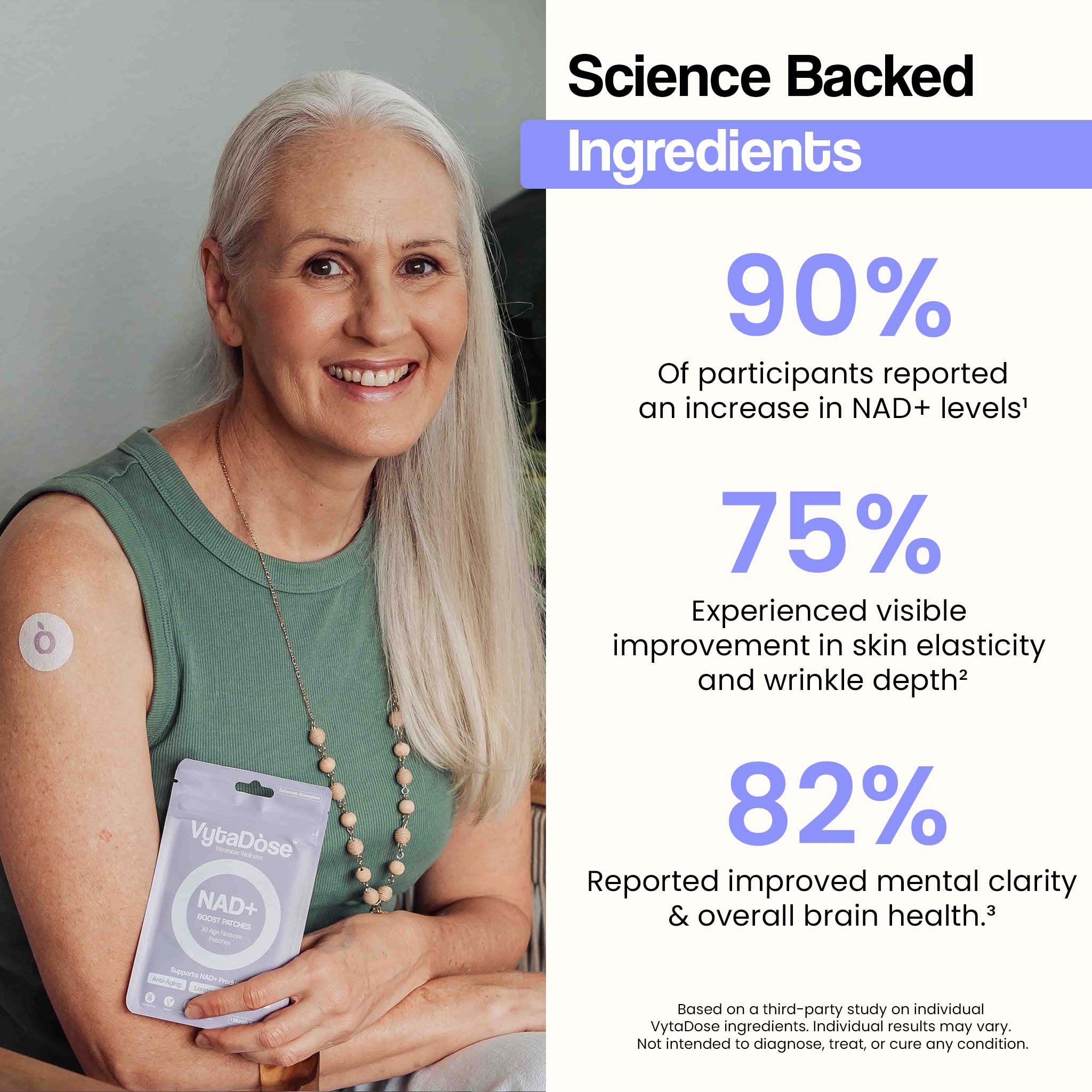 Smiling woman with VytaDose NAD+ patch showing benefits for skin, brain, and energy.