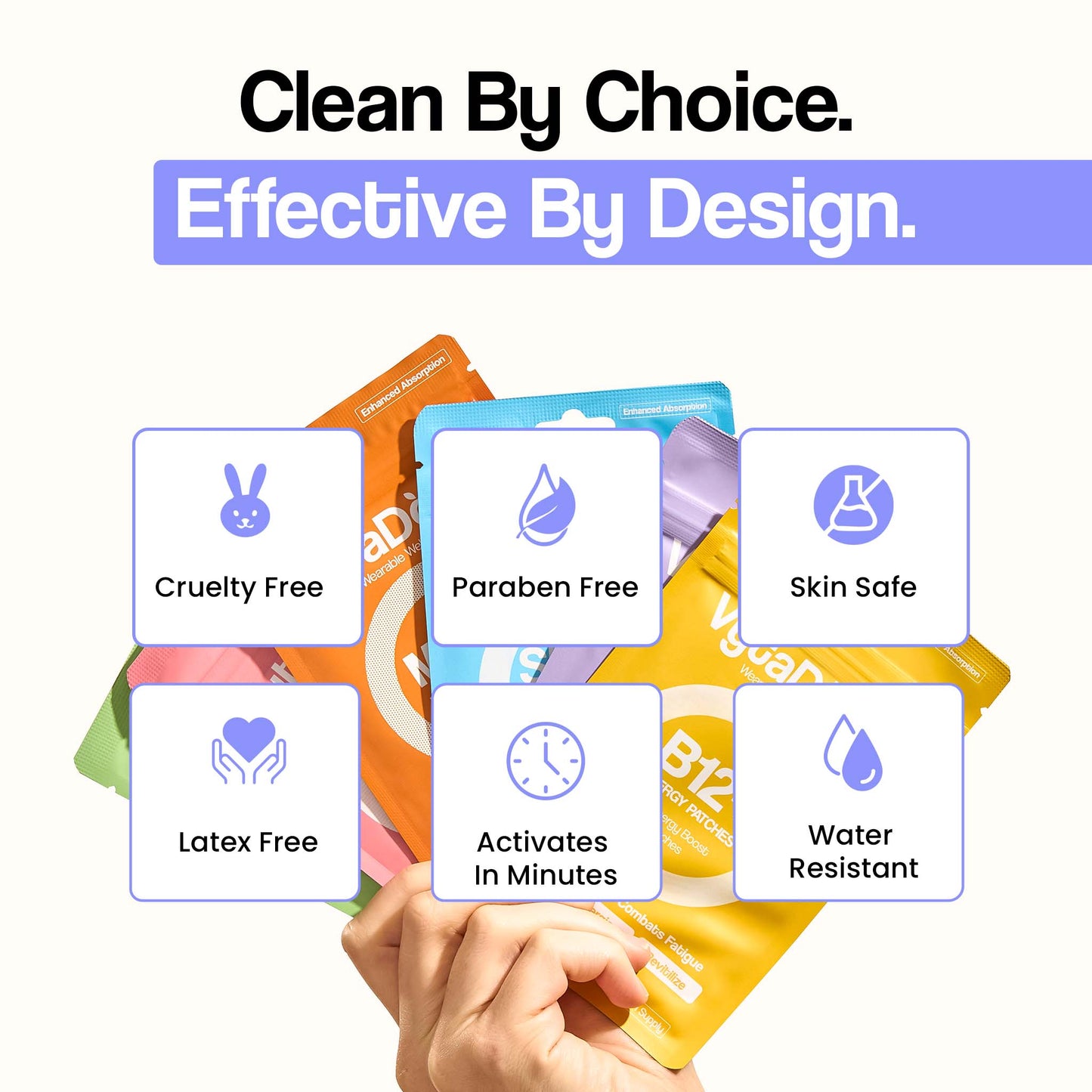 VytaDose wellness patches are cruelty free, paraben free, latex free, skin safe, and water resistant.