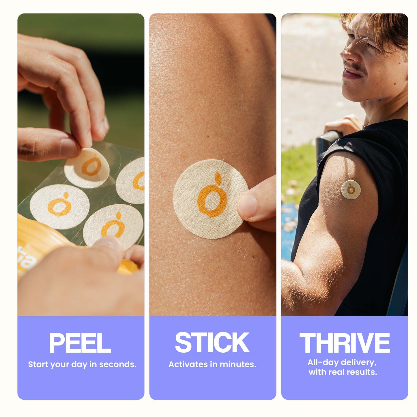 Peel, stick, thrive patch guide showing easy use and all-day NAD+ delivery benefits.