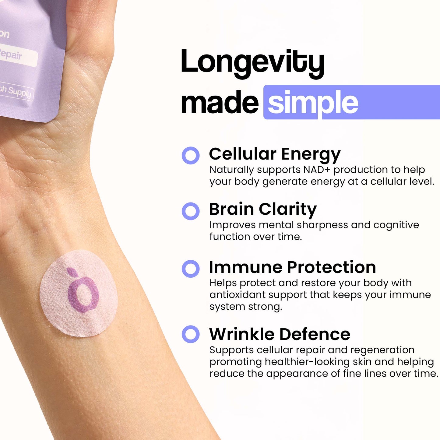 VytaDose NAD+ patch on arm showing benefits for energy, brain clarity, and skin support