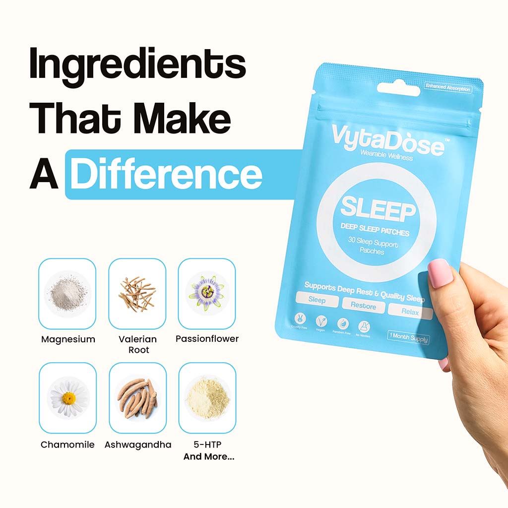 VytaDose sleep patches with natural ingredients like magnesium, valerian root, and chamomile.